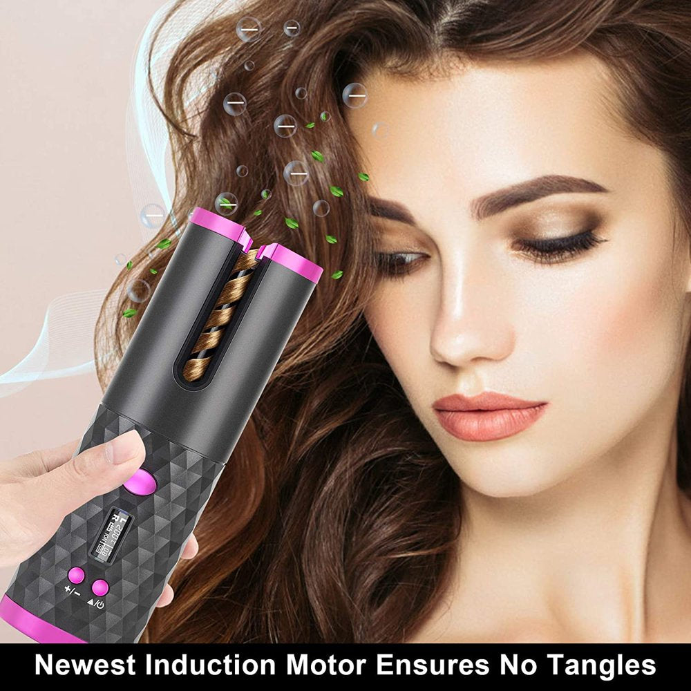 Hair Curler Automatic Cordless Curling Iron Wireless Hair Curler with LCD Temperature Display and Timer, Portable Rechargeable Ceramic Automatic Hair Curler Wand Fast Heating