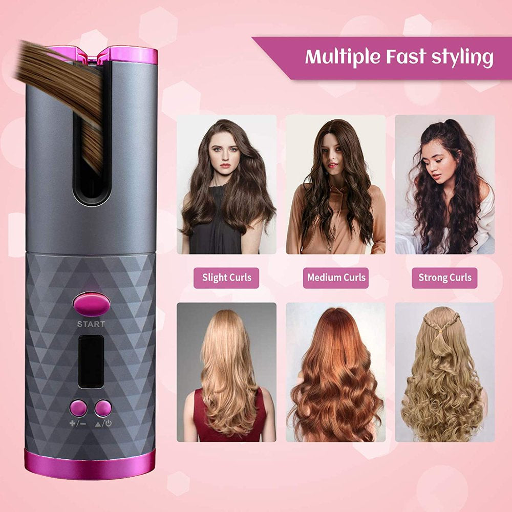 Hair Curler Automatic Cordless Curling Iron Wireless Hair Curler with LCD Temperature Display and Timer, Portable Rechargeable Ceramic Automatic Hair Curler Wand Fast Heating